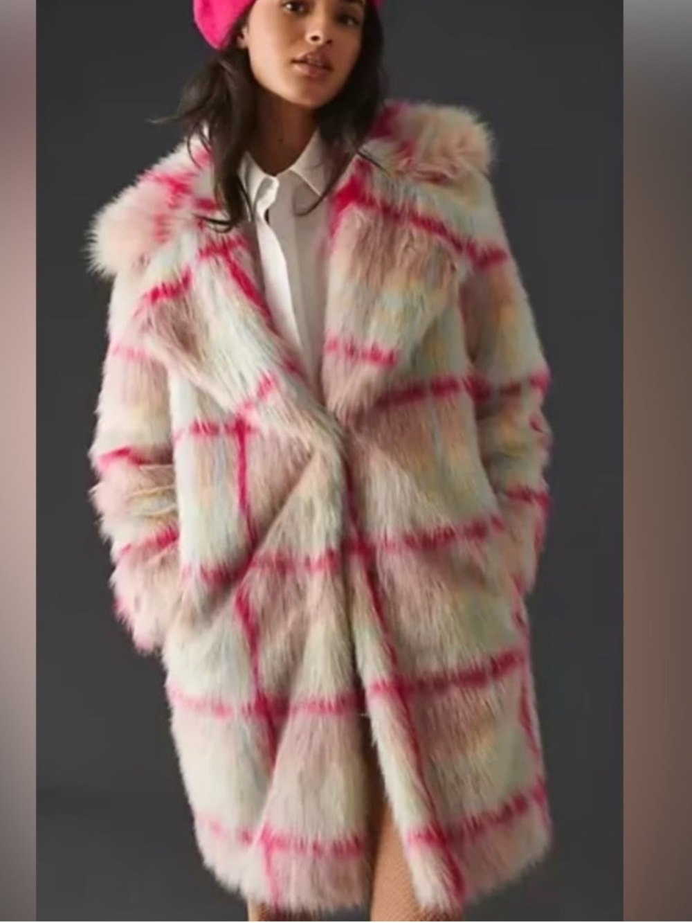 NVLT Anthropologie Hot Pink Faux Fur Plaid Ken Barbie Coat XS NWOT